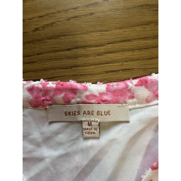 Skies Are Blue White and Pink Floral Print Smocked Flutter Sleeve Blouse Medium - Picture 3 of 9